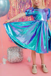 Puff Dress in Aqua Lamé