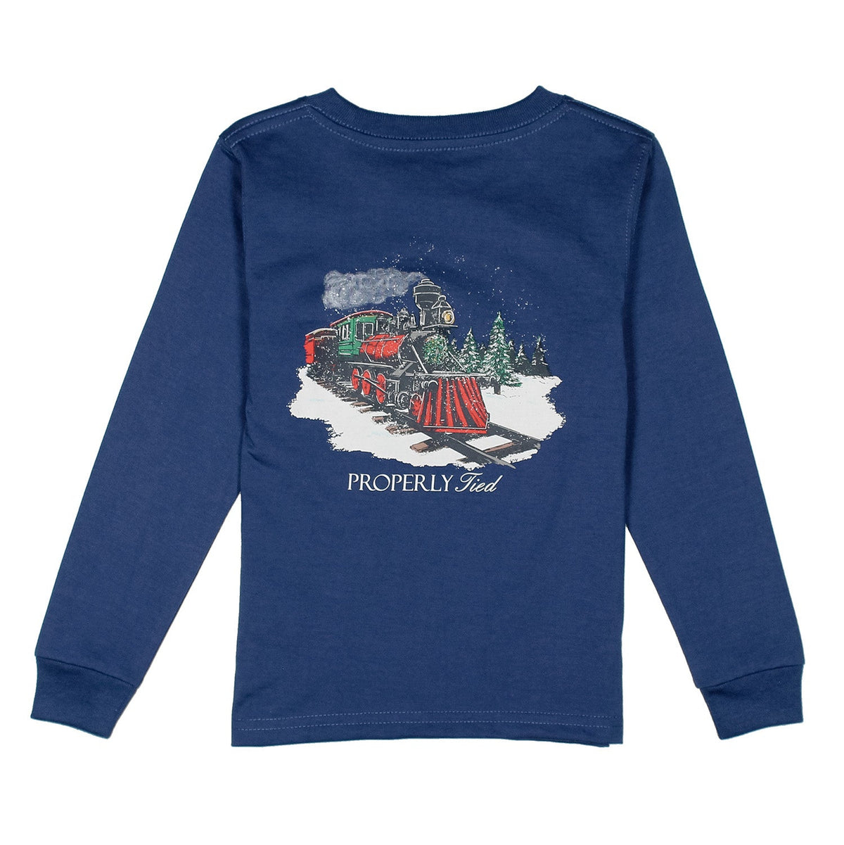 River Blue long sleeve tee with a train graphic on the back and a front pocket with a duck logo.