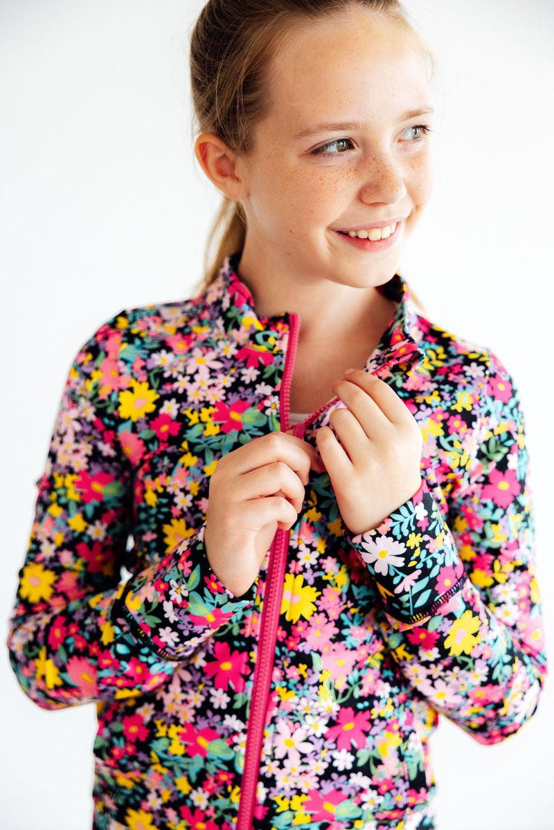 Mila & Rose Flexible Floral Full-Zip Ruffle Active Jacket