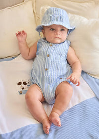 Mayoral Newborn Boy Printed Romper with Hat Set | Blue