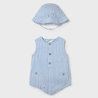 Mayoral Newborn Boy Printed Romper with Hat Set | Blue