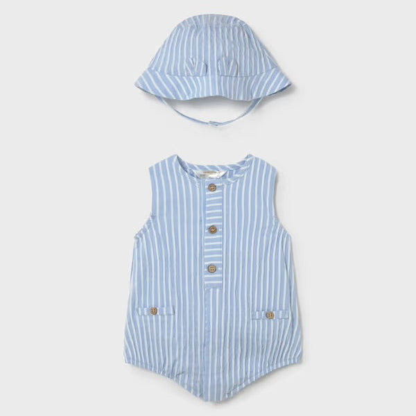 Mayoral Newborn Boy Printed Romper with Hat Set | Blue
