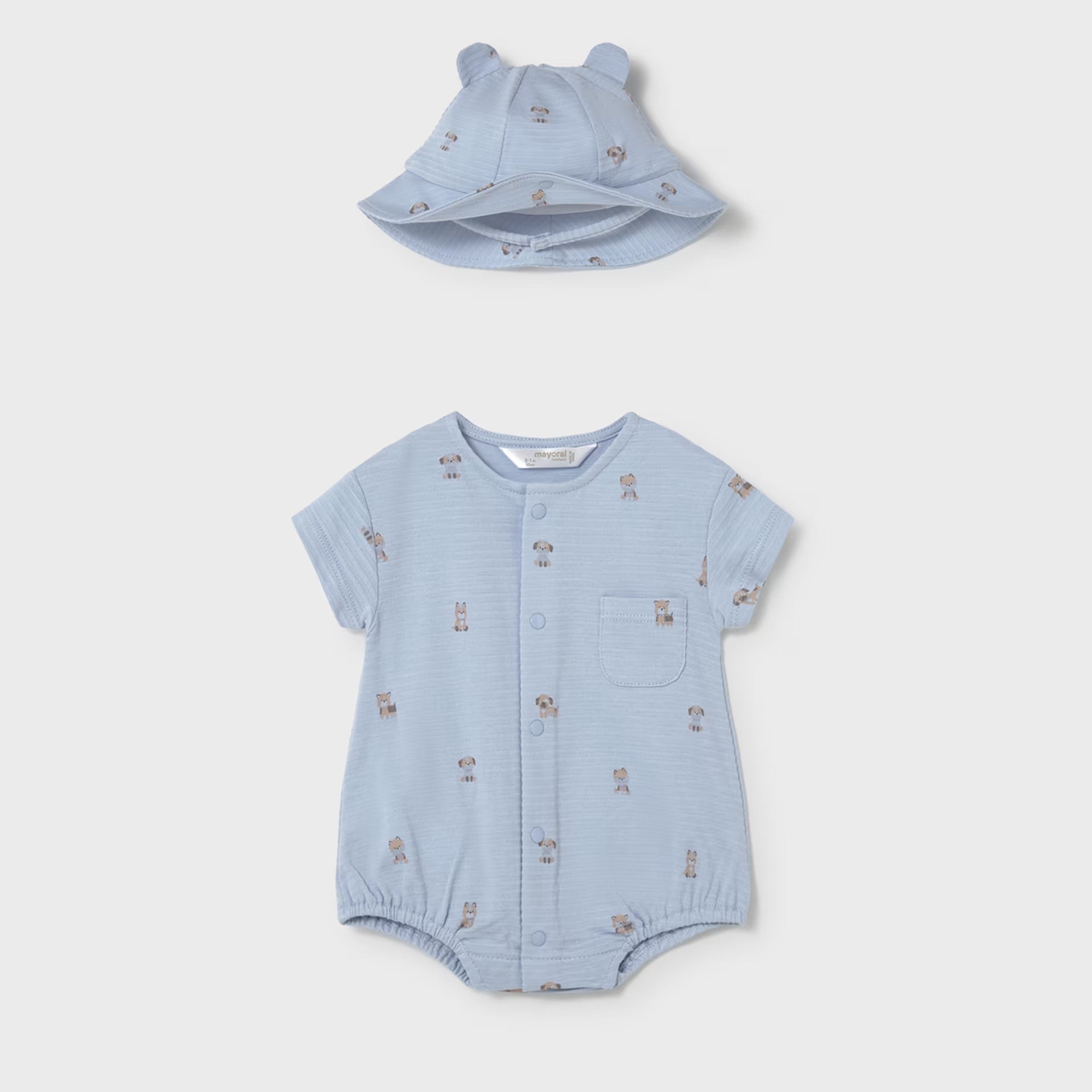 Mayoral Newborn Boy Romper and Hat Set | Sky
