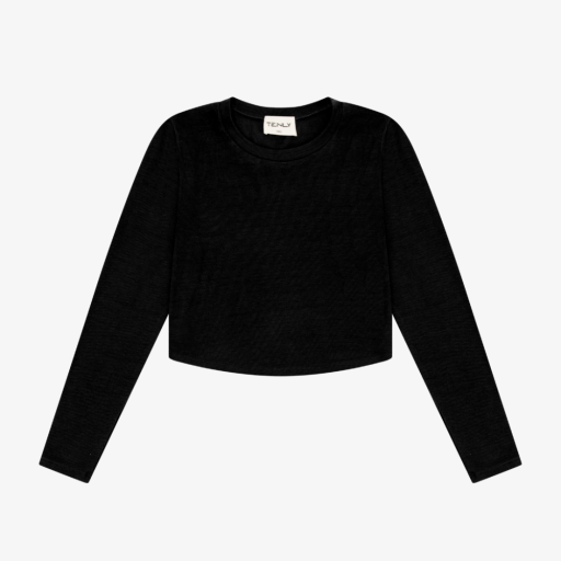 Tenly Rayon Rib Curved Hem Long Sleeve Top Black | Black