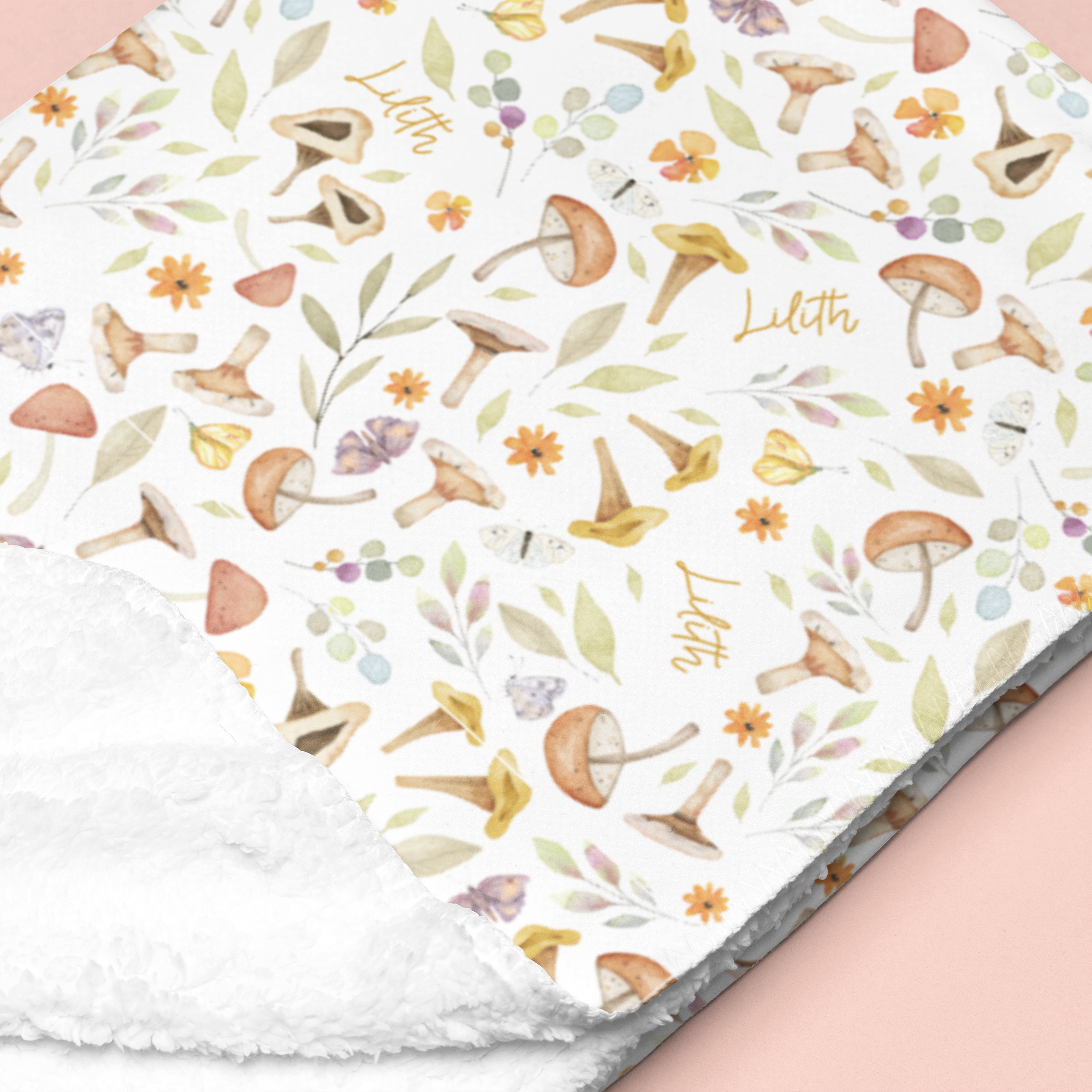 Sugar + Maple Sherpa-Lined Personalized Blanket | Whimsical Mushroom