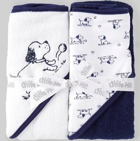 Baby Boys Puppy Embroidered Motif/Puppy Toile Printed Hooded Towel 2-Pack