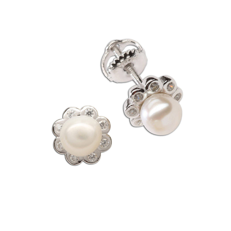 Sterling Silver Girls Screw-Back White Pearl Button Earrings