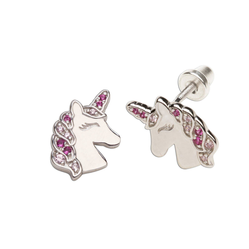 Sterling Silver Girls Screw-Back Pink Unicorn Earrings Kids
