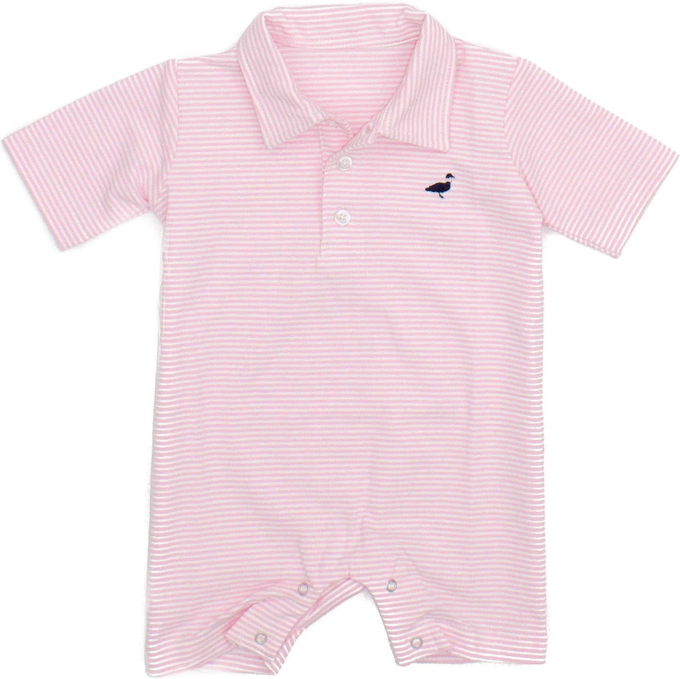 Properly Tied Lucky Duck Baby Jackson Polo Shortall | Light Pink Stripe