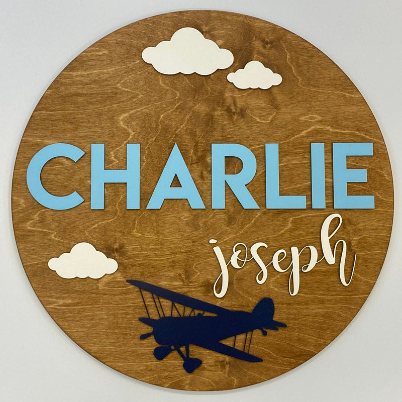 Sugar + Maple Round Personalized Wood Name Sign | Airplane