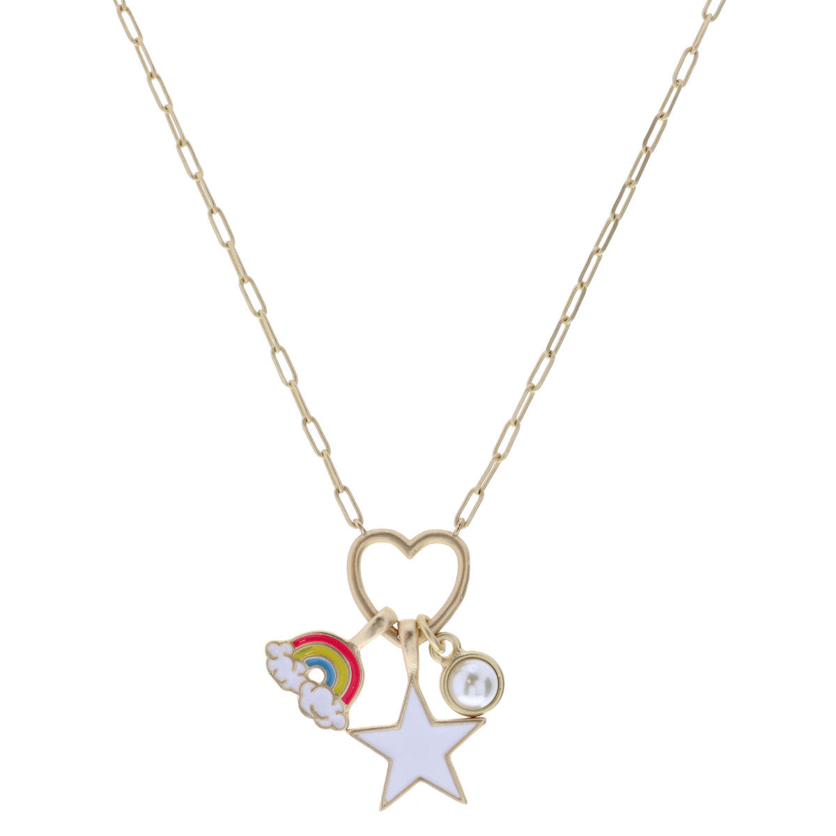Rainbow, White Star and Pearl on Heart Necklace