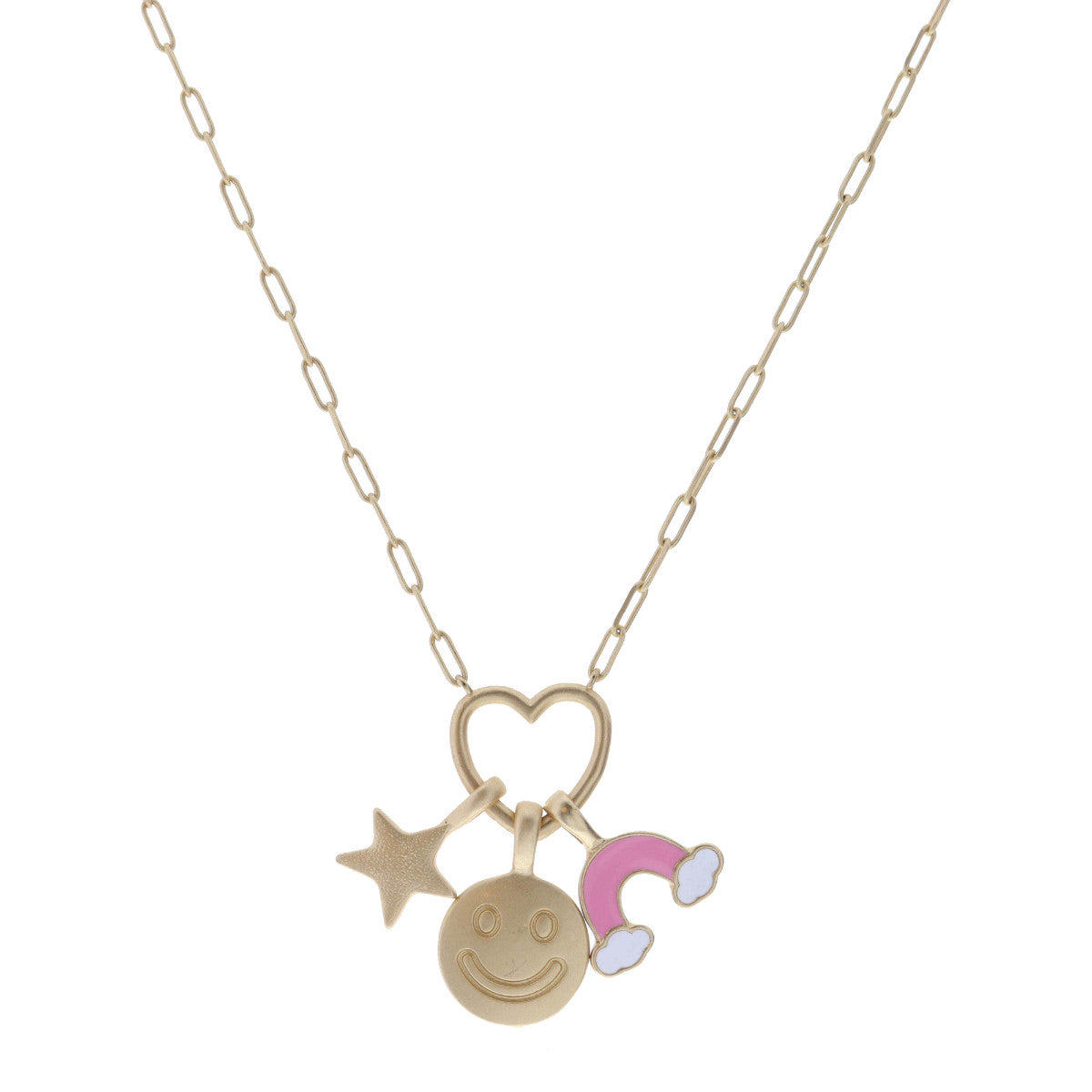 Gold Star, Happy Face and Pink Rainbow on Heart Necklace
