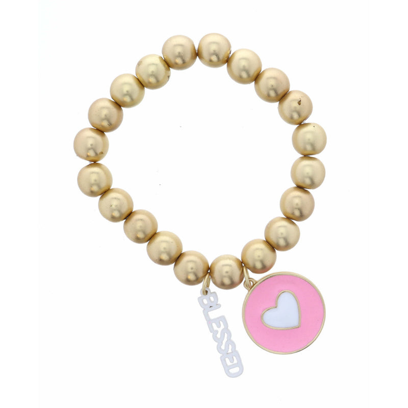 White Heart on Pink Circle with White "Blessed" Bracelet
