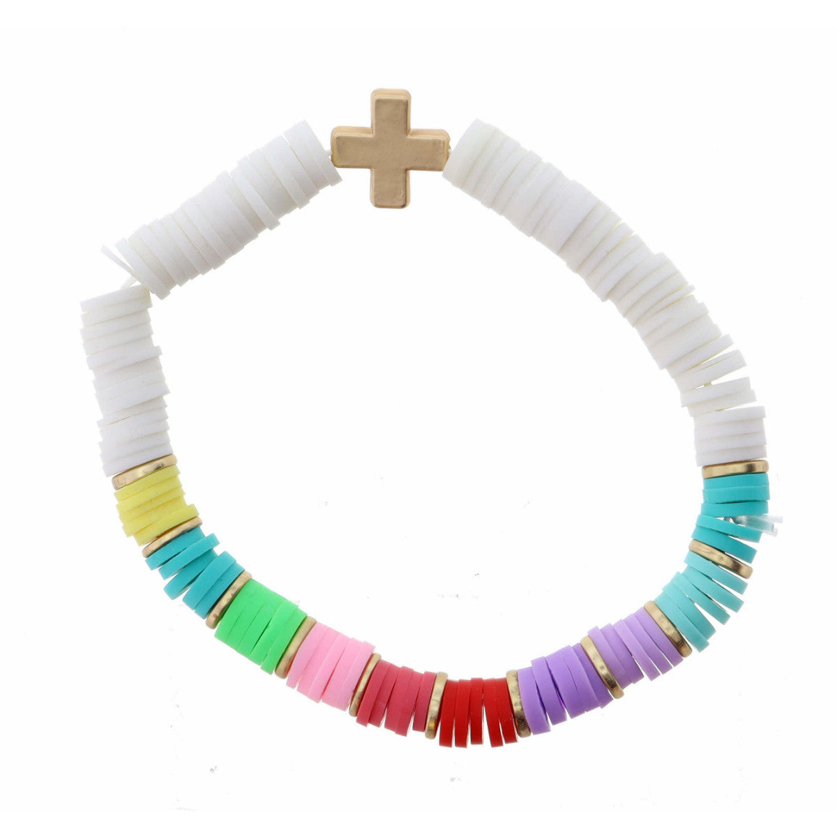 White and Multi Colorblock Rubber Sequin with Gold Cross Bracelet