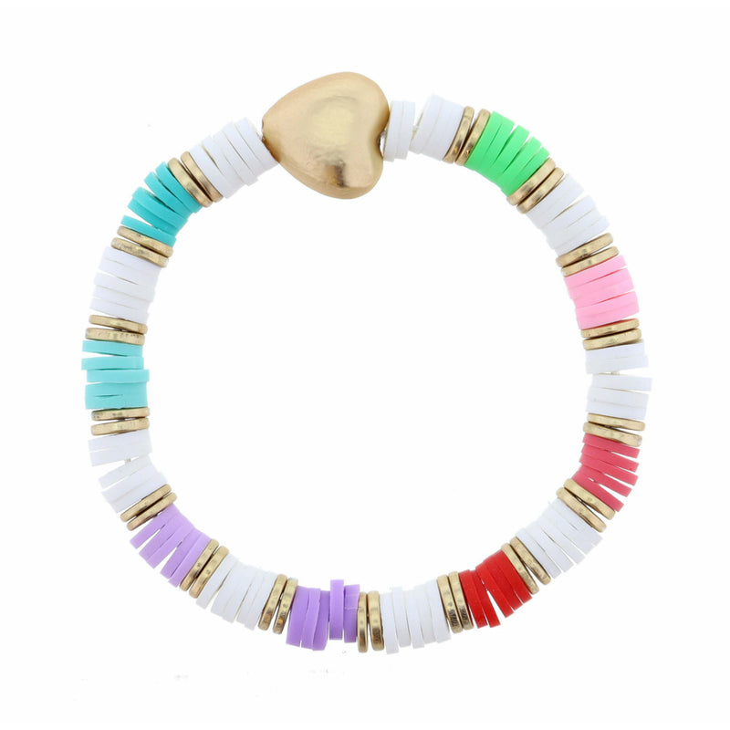 White and Multi Colorblock Rubber Sequin with Gold 3D Heart Bracelet
