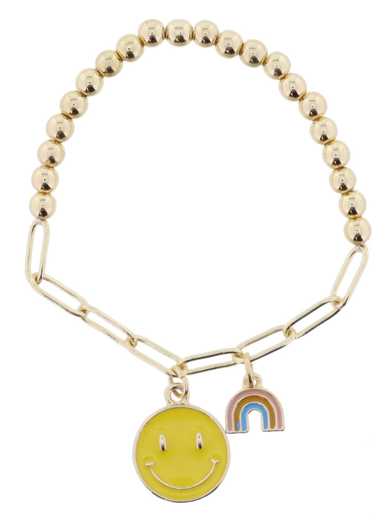 KIDS HALF BEADS, HALF CHAIN WITH YELLOW HAPPY FACE AND MULTI RAINBOW BRACELET