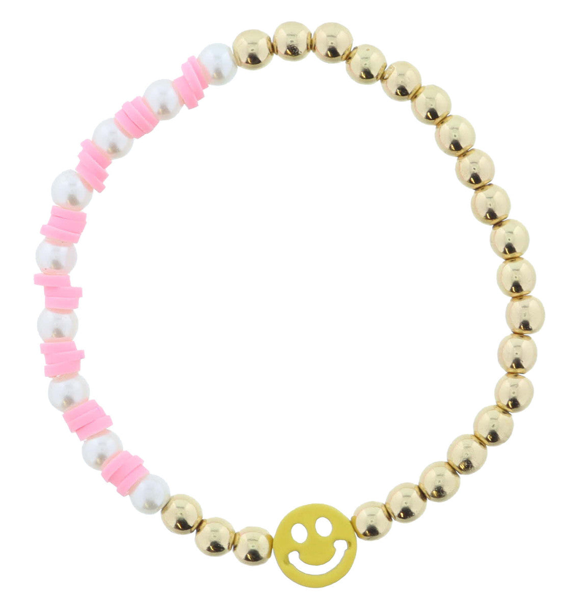 KIDS HALF PINK SEQUINS AND PEARLS, HALF BEADS WITH YELLOW HAPPY FACE BRACELET