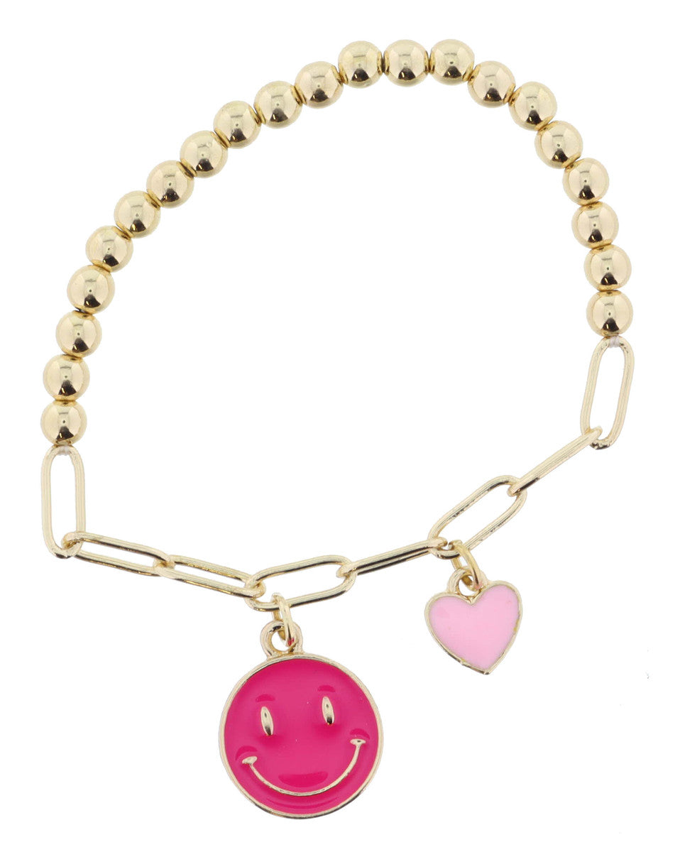 KIDS HALF BEADS, HALF CHAIN WITH HOT PINK HAPPY FACE AND PINK HEART BRACELET