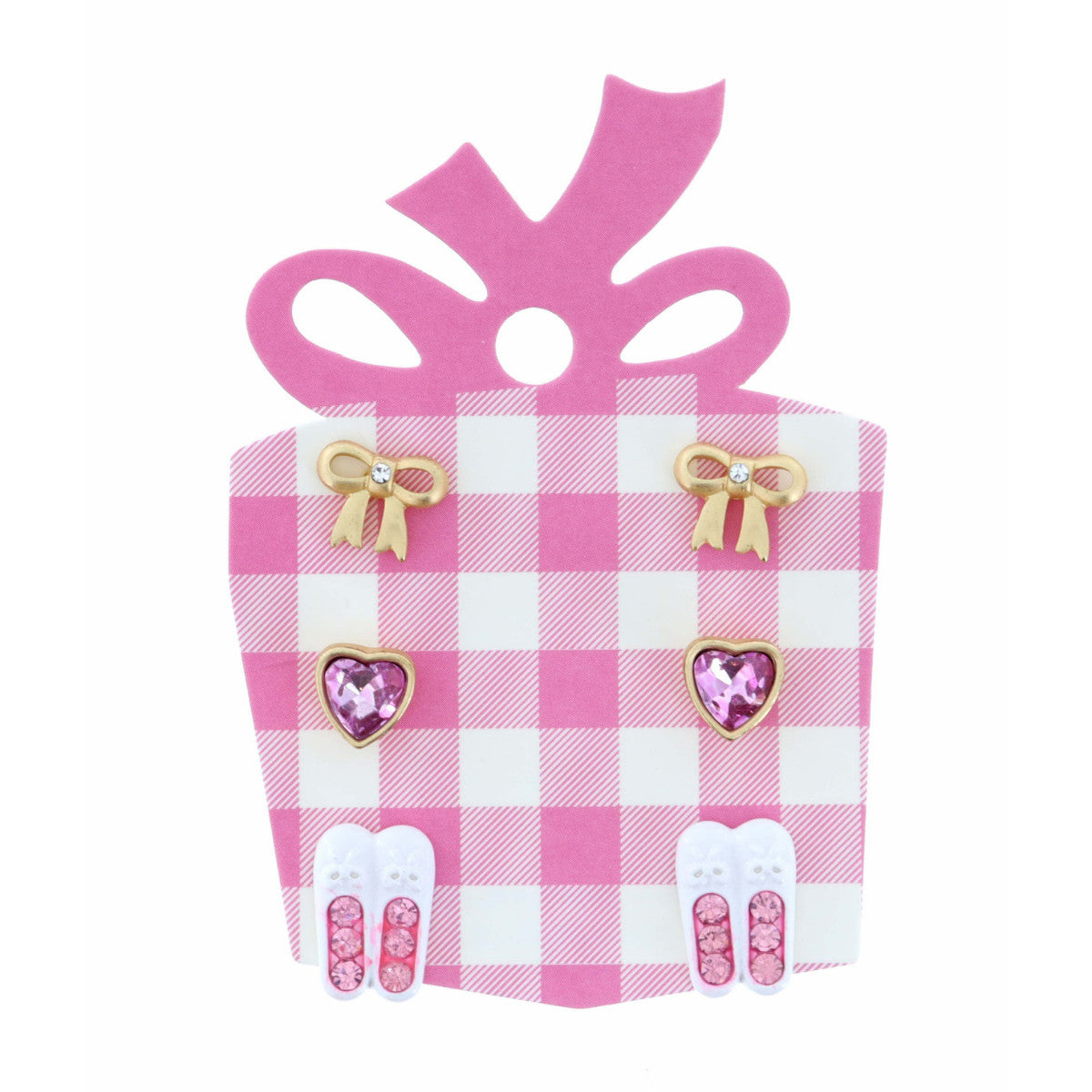 Gold Bow, Pink Crystal Heart, Ballet Shoe Earrings