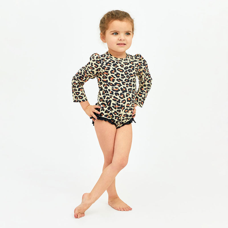 Posh Peanut Lana Leopard Long Sleeve Ruffled Rash Guard Swimsuit