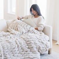 Saranoni Double Ruched Faux Fur XL Throw Blanket | Flax