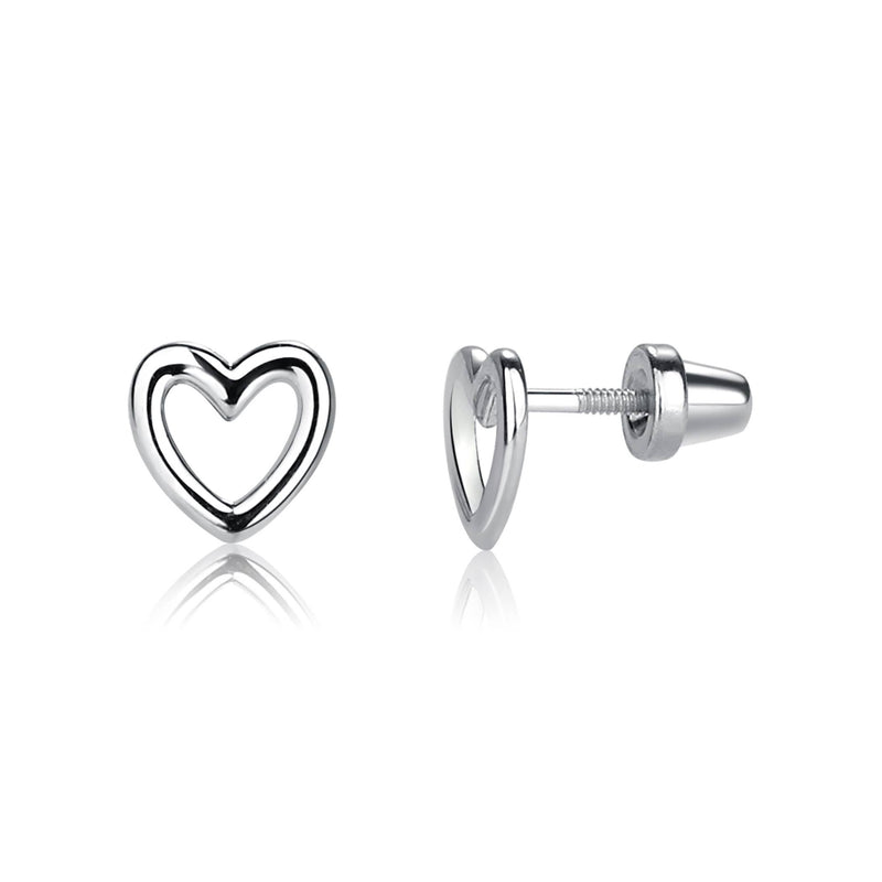 Sterling Silver Screw-Back Hollow Heart Earrings for Kids