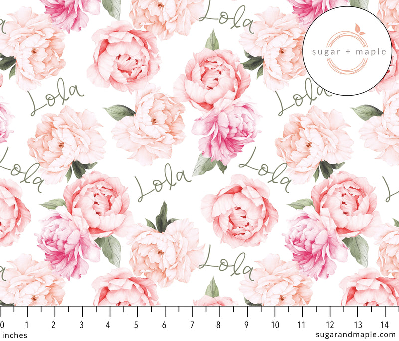 Sugar + Maple Plush Minky Fleece Personalized Blanket | Peach Peony Blooms