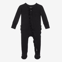 Posh Peanut Solid Ribbed Black Footie Ruffled Zippered One Piece