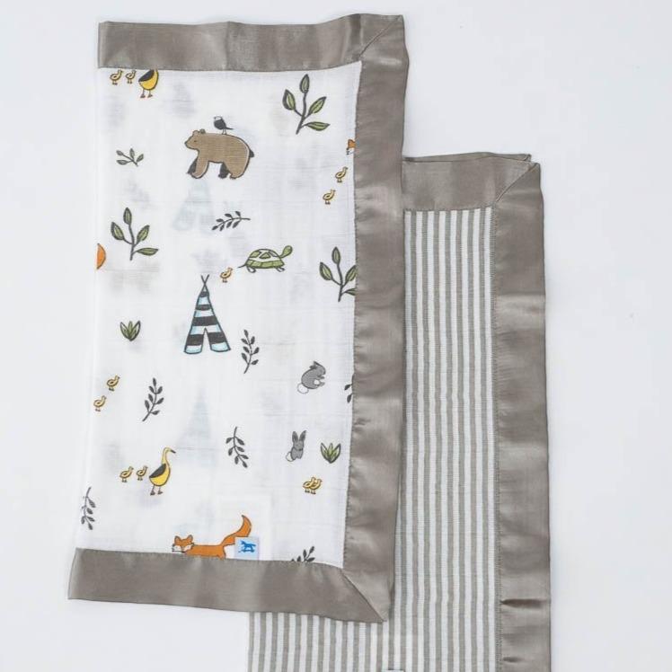 Little Unicorn Cotton Muslin Security Blankets - Forest Friends + Grey Stripe
